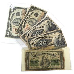 Group Lot 5x Dominion of Canada 25c 'Shinplasters'. Lot includes 1x 1870, 2x 1900 and 2x 1923. Notes