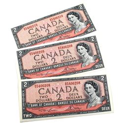 BC-38d, 3x Consecutive 1954 Modified Bank of Canada $2, Lawson-Bouey S/N: R/G5406208, 209, & 210. Al
