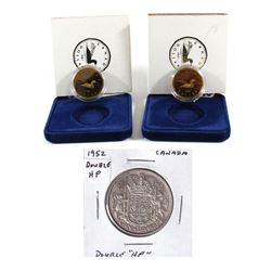 1952 Canada Double HP Variety 50-cents & 2x 1987 Canada Proof Loon Dollars in blue cases. 3pcs.