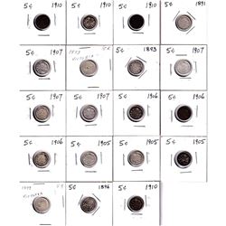 Estate Lot of 19x Canada Silver 5-cents ranging 1891 to 1910: 1891, 1893, 1896, 1899, 3x 1905, 3x 19
