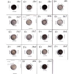 Estate Lot of 19x Canada Silver 5-cents ranging 1891 to 1910: 1891, 1893, 1896, 1899, 3x 1905, 3x 19