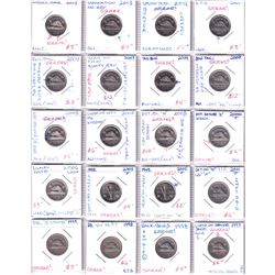 Mixed Page of 37 x Canada Minor to Medium Errors & Varieties 5-cents dated between 1941-2015. Please