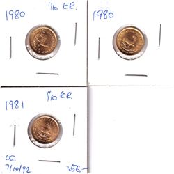 3 x 1980 (2pcs) & 1981 South Africa 1/10oz Gold Kruggerand (Tax Exempt). 3pcs