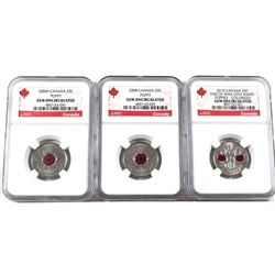 2004P, 2008 & 2010 Canada Poppy Coloured 25-cents NGC Certified Gem Uncirculated. 3pcs
