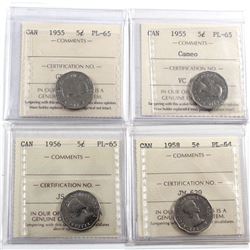 Canada 5-cents ICCS Certified 1955 PL-65, 1955 PL-65 Cameo, 1959 PL-65 & 1958 PL-64. 4pcs