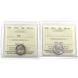 1953 NSF & 1957 Canada 10-cents ICCS Certifed MS-64. 2pcs