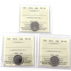 2010, 2012 & 2014 Canada 10-cents ICCS Certified MS-66. 3pcs