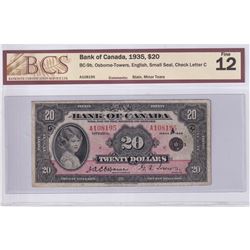 1935 $20 BC-9b, Osborne-Towers, English, Small Seal, Check Letter C, S/N: A108195, BCS Certified F-1