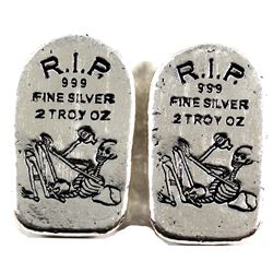 Pair of 2oz Monarch Precious Metals R.I.P. Skeleton Tombstone .999 Fine Silver. 2pcs (TAX Exempt)