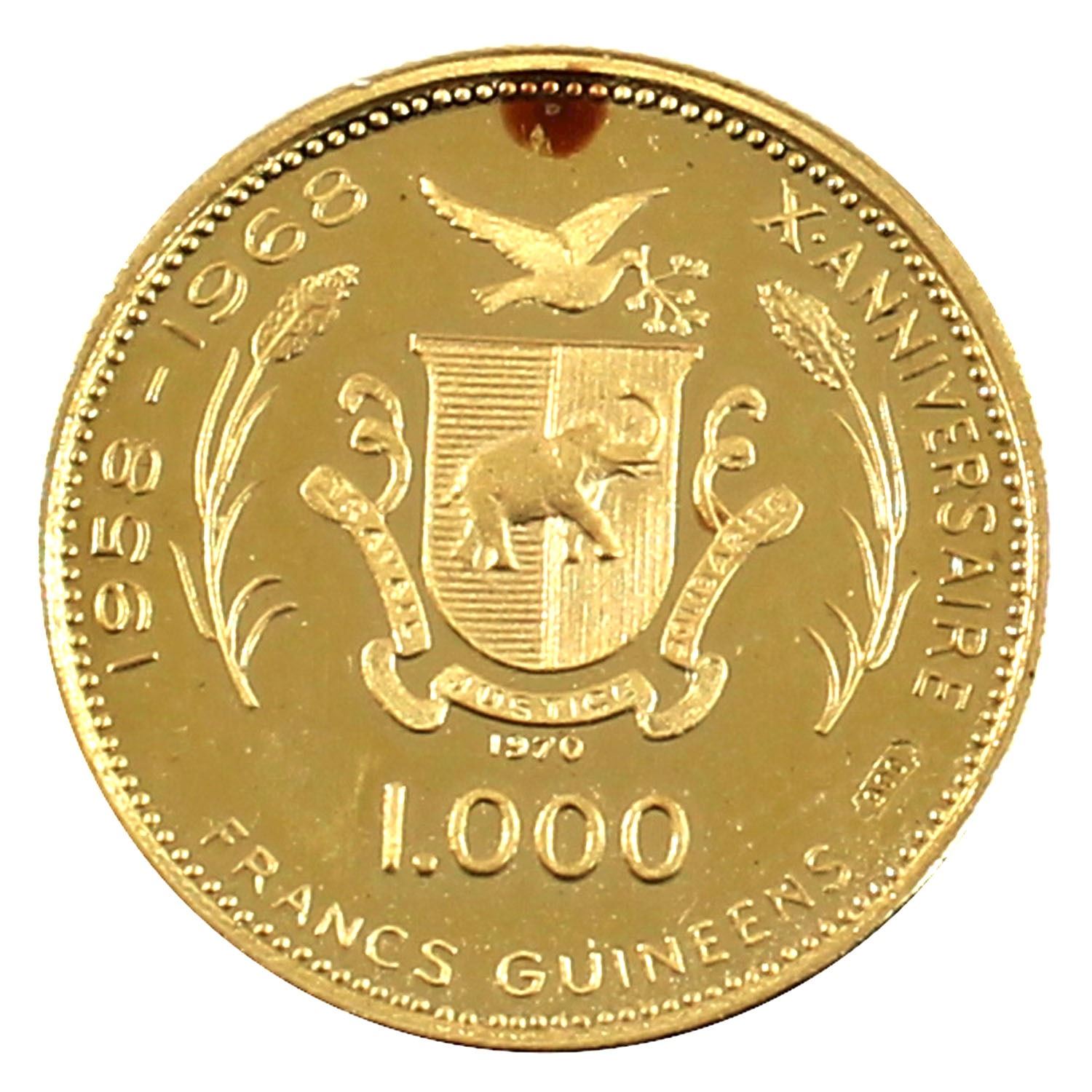 1970 Republic of Guinea 1000 Francs .900 Gold Coin in Pouch with COA