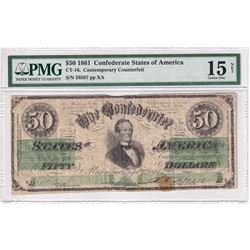 1861 Confederate State of America $50 CT-16, Contemporary Counterfeit PMG Certified F-15 (Reattached