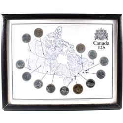 1992 Canada 125th Anniversary 13-coin Picture Frame with Commemorative 25-cents & Loonie.