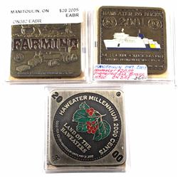 Lot of 3x 2000, 2001 & 2005 Rare Low Mintage Manitoulin Island Haweater $20 Square Medallions! You w