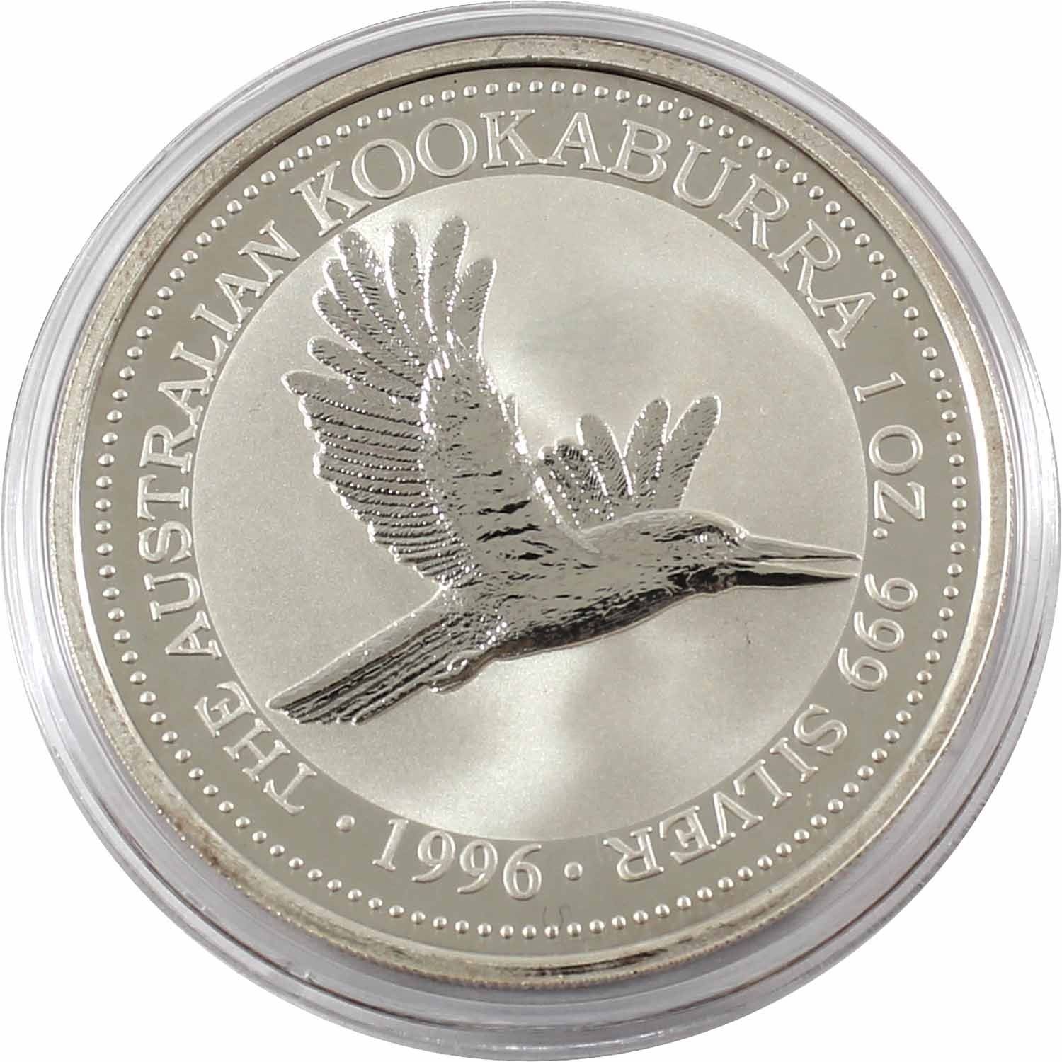 1996 Australia $5 1oz Kookaburra Fine Silver Coin in Capsule (light