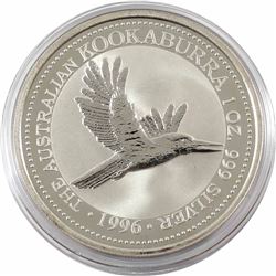 1996 Australia $5 1oz Kookaburra Fine Silver Coin in Capsule (light toning around rim of coin). TAX 