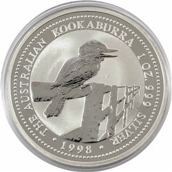 1998 Australia $5 1oz Kookaburra Fine Silver Coin in Capsule. Low mintage of only 103,119!!! (TAX Ex