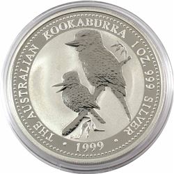 1999 Australia $5 1oz Kookaburra Fine Silver Coin in Capsule. Low mintage of only 109,364!!! (TAX Ex