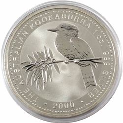 2000 Australia $5 1oz Kookaburra Fine Silver Coin in Capsule (light toning spot & light scratch). Lo