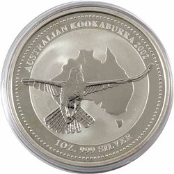 2002 Australia $5 1oz Kookaburra Fine Silver Coin in Capsule (lightly toned). 3rd lowest mintage yea