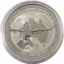 2002 Australia $5 1oz Kookaburra Fine Silver Coin in Capsule (lightly toned). 3rd lowest mintage yea