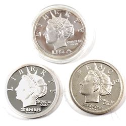 2006, 2008 & 2009 USA $20 Liberty Dollars 1oz .999 Fine Silver Rounds (lightly toned). 3pcs (TAX Exe