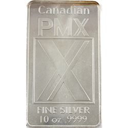 10oz Canadian PMX .9999 Fine Silver Bar (lightly toned). TAX Exempt