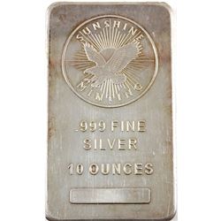 10oz Sunshine Minting .999 Fine Silver Bar (lightly toned, scratched). TAX Exempt