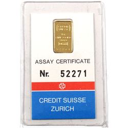 Credit Suisse Zurich 1 Gram .9999 Fine Gold Bar in Assay Certificate and Sealed Plastic (TAX Exempt)