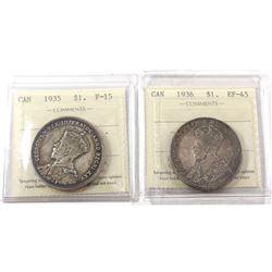 1935 Canada Silver $1 ICCS Certified F-15 & 1936 Silver $1 ICCS EF-45. 2pcs