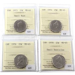 1973-1978 Canada 25-cent ICCS Certified MS-65 - 1973 Small Bust, 1974, 1976 & 1978 Small Denticles. 