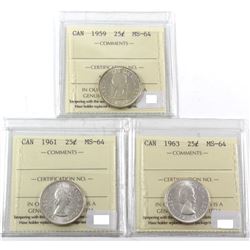 1959, 1961 & 1963 ICCS Certified MS-64. 3pcs