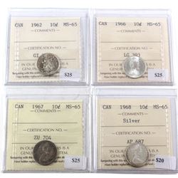 1962-1968 Canada 10-cent ICCS Certified MS-65 - 1962, 1966, 1967 & 1968 Silver. 4pcs