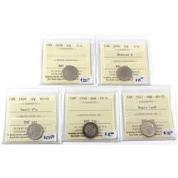 1858-1947 Canada 10-cent ICCS Certified - 1858 G-4, 1896 Obverse 6 G-4, 1899 Small 9's VG-10, 1934 V