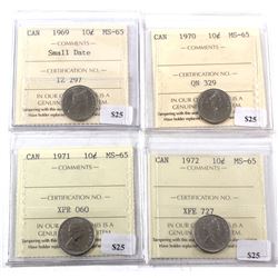 1969-1972 Canada 10-cent ICCS Certified MS-65 - 1969 Small Date, 1970, 1971 & 1972. 4pcs