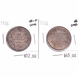 1934 Canada 50-cent VG-F (scratched) & 1936 50-cent VG (Impaired). 2pcs