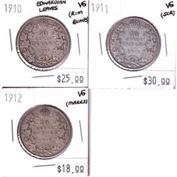 1910 Canada 50-cent Edwardian Leaves, 1911 50-cent & 1912 50-cent All VG Condition (coins contain va