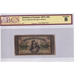 1870 25c DC-1a, Dominion of Canada, Dickinson-Harington, Series A, BCS Certified VG-8. Note contains
