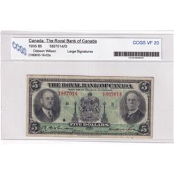 1935 $5 630-18-02a, The Royal Bank of Canada, Dobson-Wilson, Large Signatures, Check Letter D, S/N: 