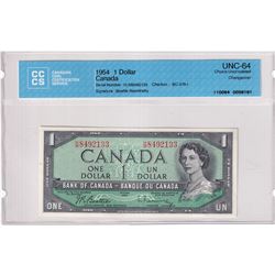 1954 $1 BC-37b-i, Bank of Canada, Beattie-Rasminsky, Modified Portrait, Changeover, S/N: H/M8492133,