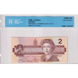 1986 $2 BC-55a, Bank of Canada, Crow-Bouey, S/N: AUG3990648, CCCS Certified GUNC-65.