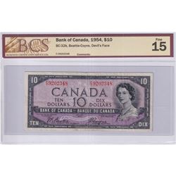 1954 $10 BC-32b, Bank of Canada, Beattie-Coyne, Devil's Face, S/N: F/D9202348, BCS Certified F-15.