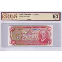 1975 $50 BC-51b, Bank of Canada, Crow-Bouey, S/N: EHM0004530, BCS Certified AU-50 Original.