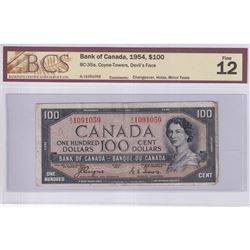 1954 $100 BC-35a, Bank of Canada, Coyne-Towers, Devil's Face, Changeover, S/N: A/J1091059, BCS Certi