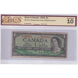 1954 $1 BC-37b-i, Bank of Canada, Beattie-Rasminsky, Modified Portrait, Neat Number, S/N: B/P0555555