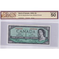 1954 $1 BC-37b, Bank of Canada, Beattie-Rasminsky, Modified Portrait, Neat Number, S/N: K/N3333344, 