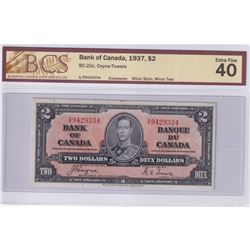 1937 $2 BC-22c, Bank of Canada, Coyne-Towers, S/N: A/R9429334, BCS Certified EF-40 (Minor Stain, Min