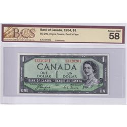 1954 $1 BC-29a, Bank of Canada, Coyne-Towers, Devil's Face, S/N: B/A3320261, BCS Certified AU-58.