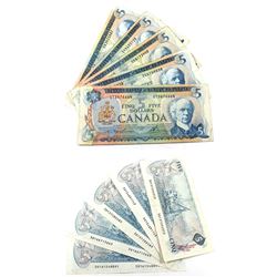 5x 1972 & 5x 1979 $5 Bank of Canada Notes - All with Lawson-Bouey Signatures Except a 1972 Bouey-Ras
