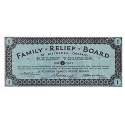 DC-070-2a, 1-cent, Family Relief Board of Kitchener, Ontario Relief Voucher, VF.