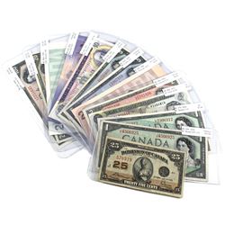 Lot of 13x 25c - $100 Bank of Canada Notes. You will receive 1923 DC-24c 25c, 1954 BC-29b $1 Devil's